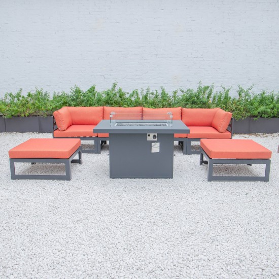 7-Pc Patio Ottoman Sectional & Fire Pit Table Black Aluminum, Orange, CSFOBL-7OR