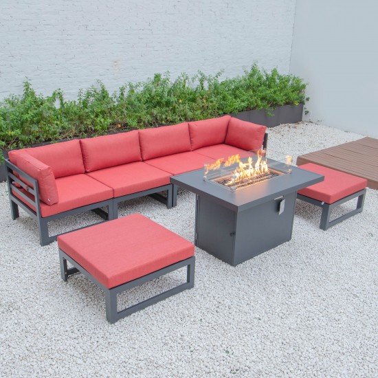 7-Pc Patio Ottoman Sectional & Fire Pit Table Black Aluminum, Red, CSFOBL-7R