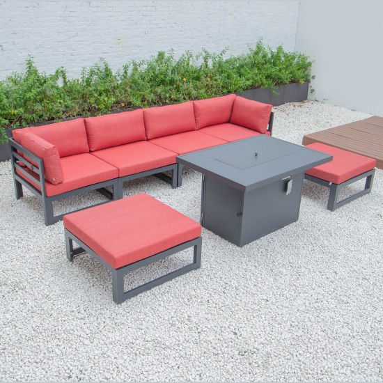 7-Pc Patio Ottoman Sectional & Fire Pit Table Black Aluminum, Red, CSFOBL-7R