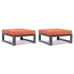 Outdoor Patio Black Aluminum Ottomans, Cushions Set Of 2, Orange, CSO30OR2