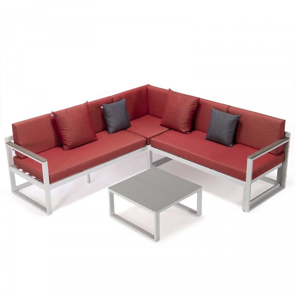 White Sectional, Adjustable Headrest & Coffee Table, Two Tone Red, CSLW-80R-BU