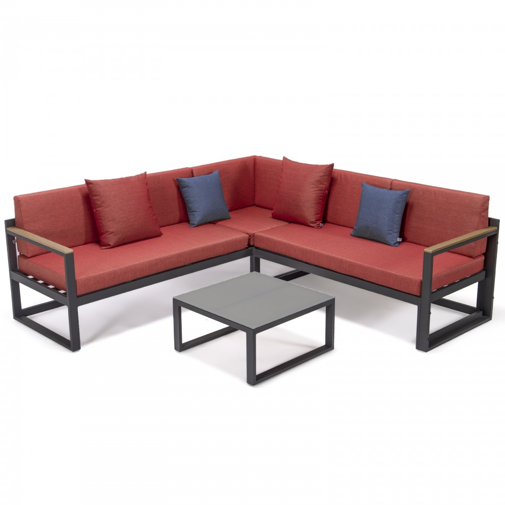 Black Sectional, Adjustable Headrest & Coffee Table, Two Tone Red, CSLBL-80R-BU