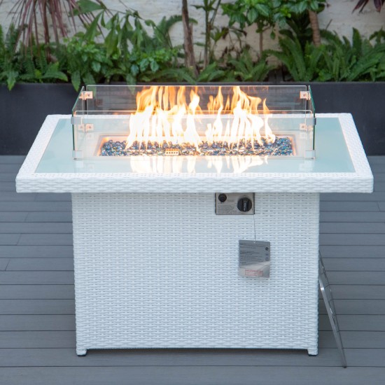 LeisureMod Mace Wicker Patio Modern Propane Fire Pit Table, White, CFW44G-W