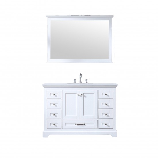 48" White Single Vanity, Quartz Top, White Square Sink, 46" Mirror w/ Faucet