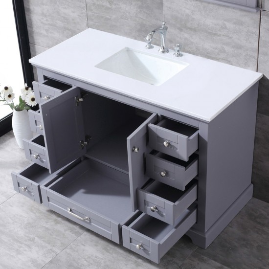 48" Dark Grey Single Vanity, Quartz Top, White Square Sink and 46" Mirror