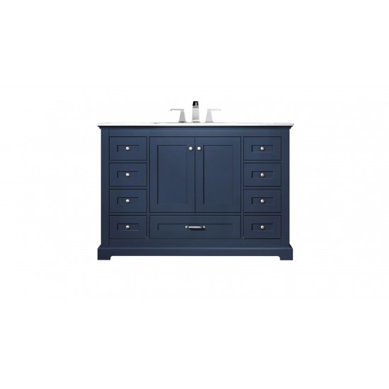 48" Navy Blue Single Vanity, Quartz Top, White Square Sink and no Mirror