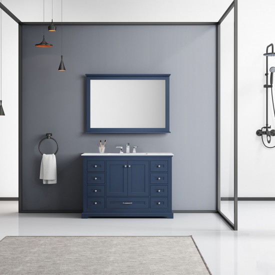 48" Navy Blue Single Vanity, Quartz Top, White Square Sink and 46" Mirror