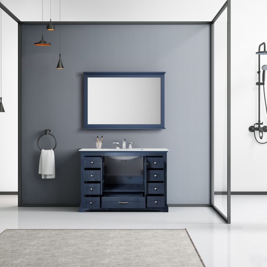 48" Navy Blue Single Vanity, Quartz Top, White Square Sink, 46" Mirror w/ Faucet