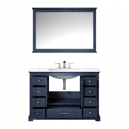 48" Navy Blue Single Vanity, Quartz Top, White Square Sink, 46" Mirror w/ Faucet