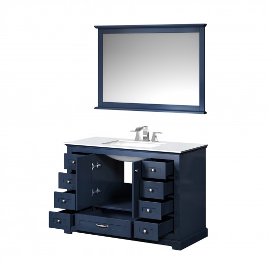 48" Navy Blue Single Vanity, Quartz Top, White Square Sink, 46" Mirror w/ Faucet