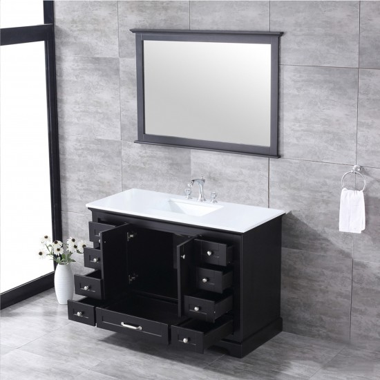 48" Espresso Single Vanity, Quartz Top, White Square Sink, 46" Mirror w/ Faucet