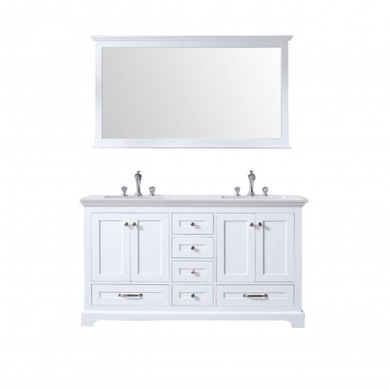 60" White Double Vanity, Quartz Top, White Square Sinks and 58" Mirror