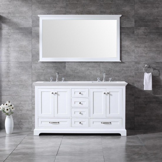 60" White Double Vanity, Quartz Top, White Square Sinks and 58" Mirror