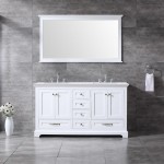 60" White Double Vanity, Quartz Top, White Square Sinks, 58" Mirror w/ Faucets