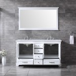 60" White Double Vanity, Quartz Top, White Square Sinks, 58" Mirror w/ Faucets