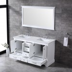 60" White Double Vanity, Quartz Top, White Square Sinks, 58" Mirror w/ Faucets