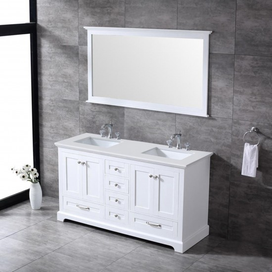 60" White Double Vanity, Quartz Top, White Square Sinks, 58" Mirror w/ Faucets