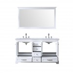 60" White Double Vanity, Quartz Top, White Square Sinks, 58" Mirror w/ Faucets