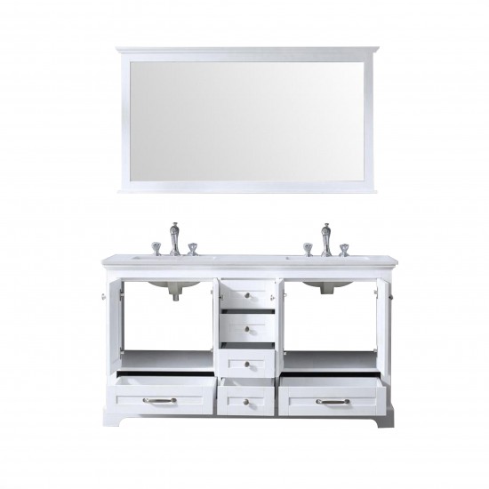 60" White Double Vanity, Quartz Top, White Square Sinks, 58" Mirror w/ Faucets