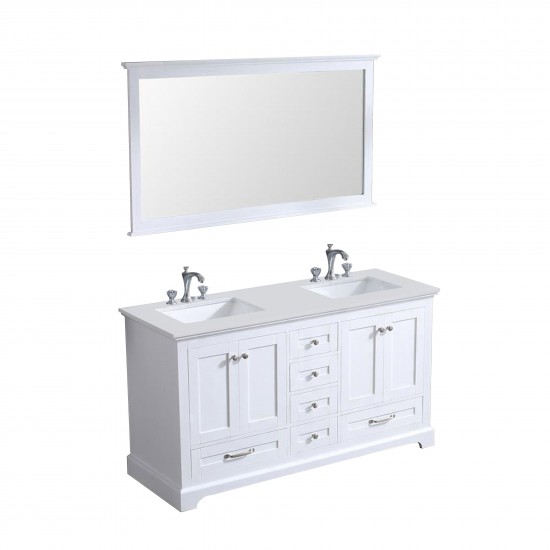 60" White Double Vanity, Quartz Top, White Square Sinks, 58" Mirror w/ Faucets