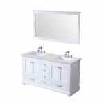 60" White Double Vanity, Quartz Top, White Square Sinks, 58" Mirror w/ Faucets