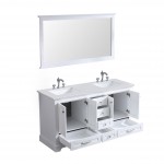 60" White Double Vanity, Quartz Top, White Square Sinks, 58" Mirror w/ Faucets