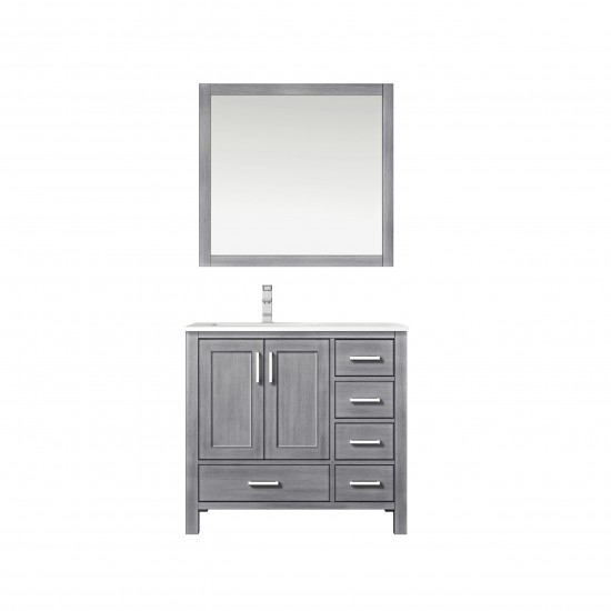 30" Distressed Grey Single Vanity, Quartz Top, White Square Sink, 28" Mirror