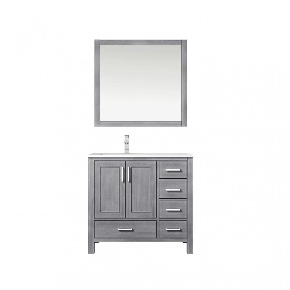 30" Distressed Grey Single Vanity, Quartz Top, White Square Sink, 28" Mirror