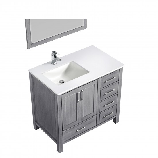 30" Distressed Grey Single Vanity, Quartz Top, White Square Sink, 28" Mirror