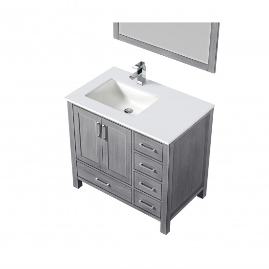 30" Distressed Grey Single Vanity, Quartz Top, White Square Sink, 28" Mirror