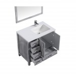 30" Distressed Grey Single Vanity, Quartz Top, White Square Sink, 28" Mirror