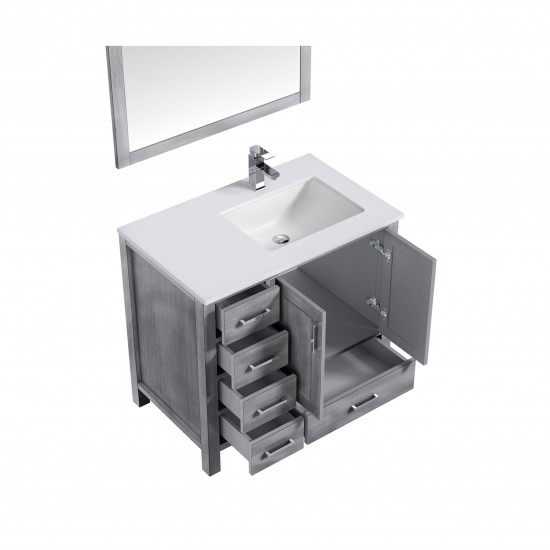 30" Distressed Grey Single Vanity, Quartz Top, White Square Sink, 28" Mirror