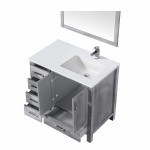 30" Distressed Grey Single Vanity, Quartz Top, White Square Sink, 28" Mirror