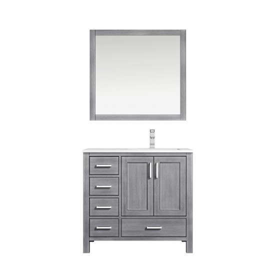 30" Distressed Grey Single Vanity, Quartz Top, Square Sink, 28" Mirror w/ Faucet