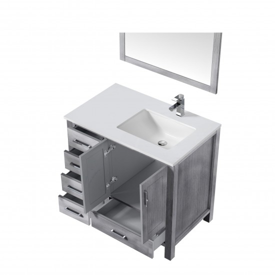 30" Distressed Grey Single Vanity, Quartz Top, Square Sink, 28" Mirror w/ Faucet