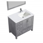 36" White Single Vanity, Quartz Top, Square Sink, no Mirror - Right Version