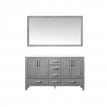 60" Distressed Grey Double Vanity, Quartz Top, White Square Sinks, 58" Mirror