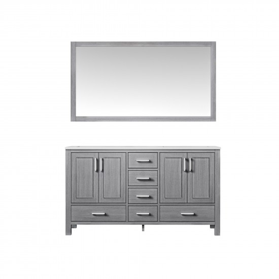 60" Distressed Grey Double Vanity, Quartz Top, White Square Sinks, 58" Mirror