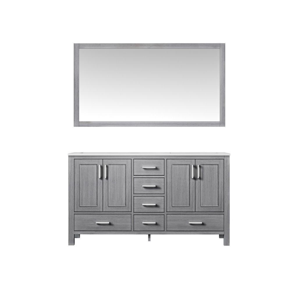 60" Distressed Grey Double Vanity, Quartz Top, White Square Sinks, 58" Mirror