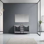 60" Distressed Grey Double Vanity, Quartz Top, White Square Sinks, 58" Mirror