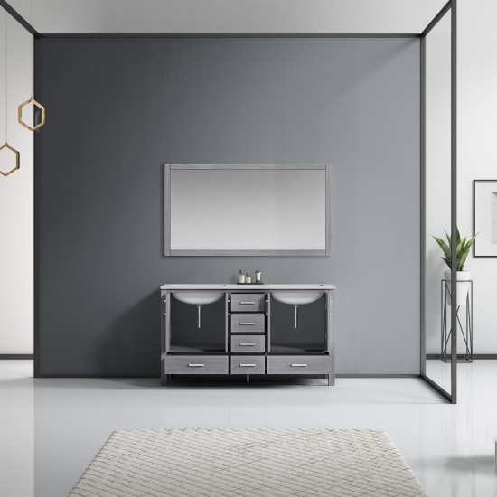 60" Distressed Grey Double Vanity, Quartz Top, White Square Sinks, 58" Mirror