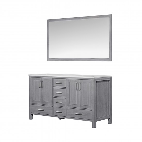 60" Distressed Grey Double Vanity, Quartz Top, White Square Sinks, 58" Mirror