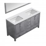 60" Distressed Grey Double Vanity, Quartz Top, White Square Sinks, 58" Mirror