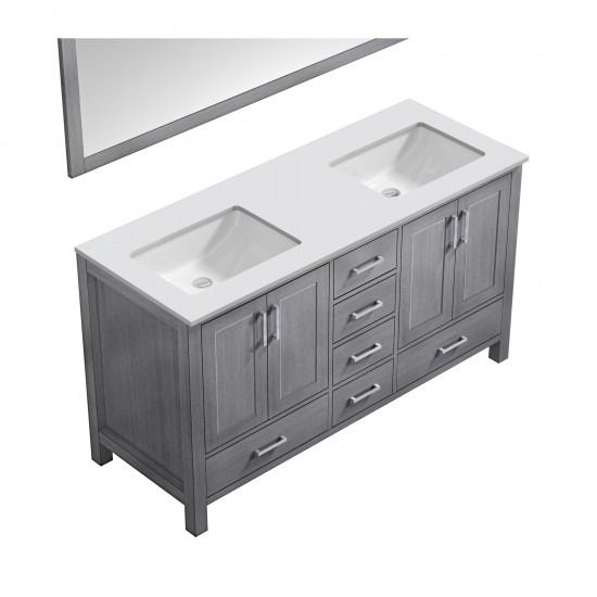 60" Distressed Grey Double Vanity, Quartz Top, White Square Sinks, 58" Mirror