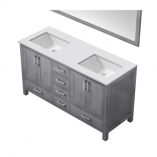 60" Distressed Grey Double Vanity, Quartz Top, White Square Sinks, 58" Mirror