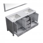 60" Distressed Grey Double Vanity, Quartz Top, White Square Sinks, 58" Mirror