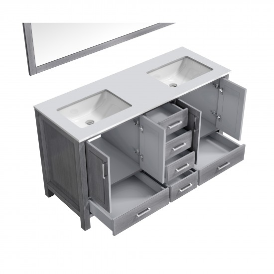 60" Distressed Grey Double Vanity, Quartz Top, White Square Sinks, 58" Mirror