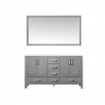 60" Distressed Grey Double Vanity, Quartz Top, Square Sinks, 58" Mirror, Faucets