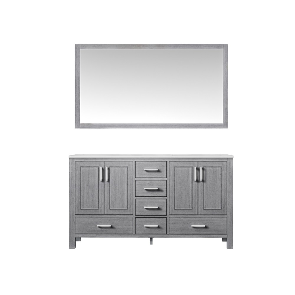 60" Distressed Grey Double Vanity, Quartz Top, Square Sinks, 58" Mirror, Faucets