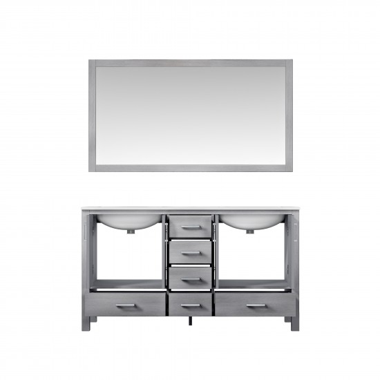 60" Distressed Grey Double Vanity, Quartz Top, Square Sinks, 58" Mirror, Faucets